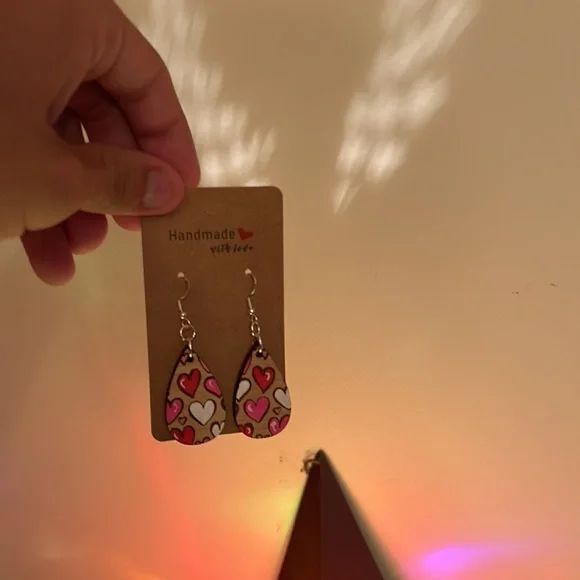Handmade Multicolor Heart Wooden Dangle Earrings Romantic Statement Jewelry - Picture 7 of 8